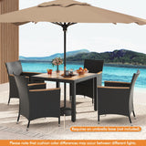 Tangkula 5 Pieces Patio Dining Table Set for 4, Rattan Conversation Set with Umbrella Hole, Seat Cushions & Acacia Wood Tabletop, Outdoor Dining Table with 8 Chairs for Backyard (Black) Tangkula