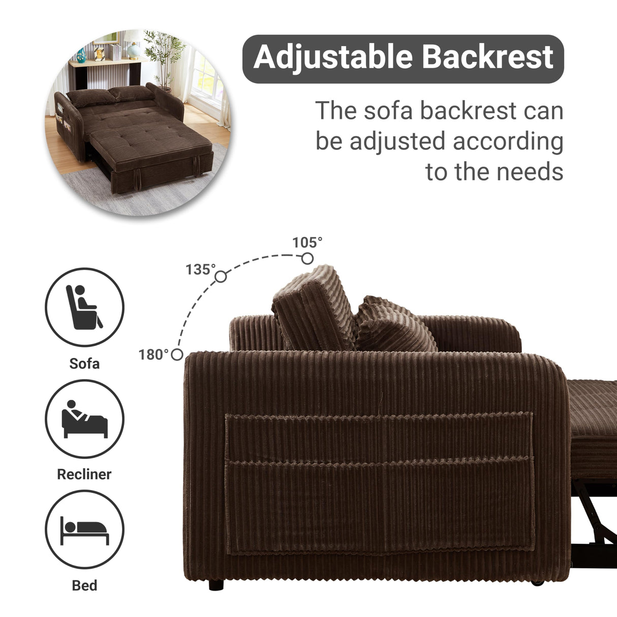 N NOORDENIYA 55.5" Corduroy Convertible Sofa Bed, Pull Out Sleeper Sofa Bed, Loveseat Couch with USB Charging Ports, 3 in 1 Convertible Sleeper Sofa Bed for Living Room, Apartment, Bedroom, RV, Brown N NOORDENIYA