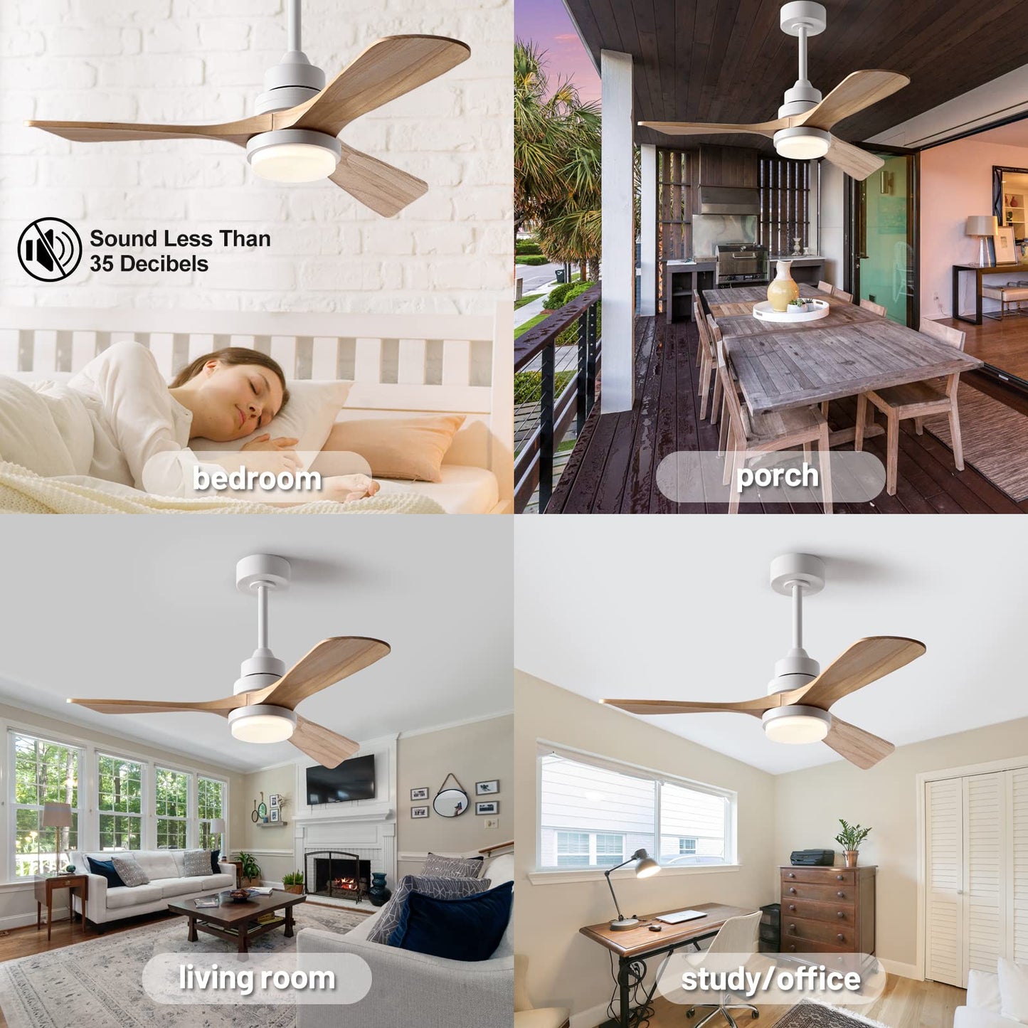 FXZZ 42" Wood Ceiling Fans with Lights and Remote, Quiet Reversible DC Motor and 3 Color LED Light, 3 Blades 6 Speed Ceiling Fan for Farmhouse Living Room Bedroom Dining Room Workroom Study - WoodArtSupply