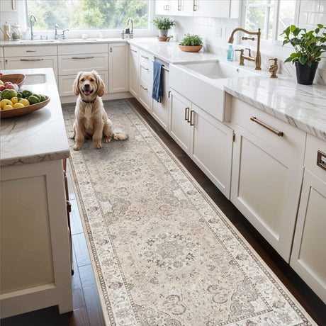 Hallway Washable Runner Rug - 2x10 Kitchen Rugs Entryway Rug Runner Vintage Soft Floor Mat Non Slip Indoor Farmhouse Carpet for Bathroom Living Room Bedroom (2 X 10, Beige) HY HAO YUN LAI