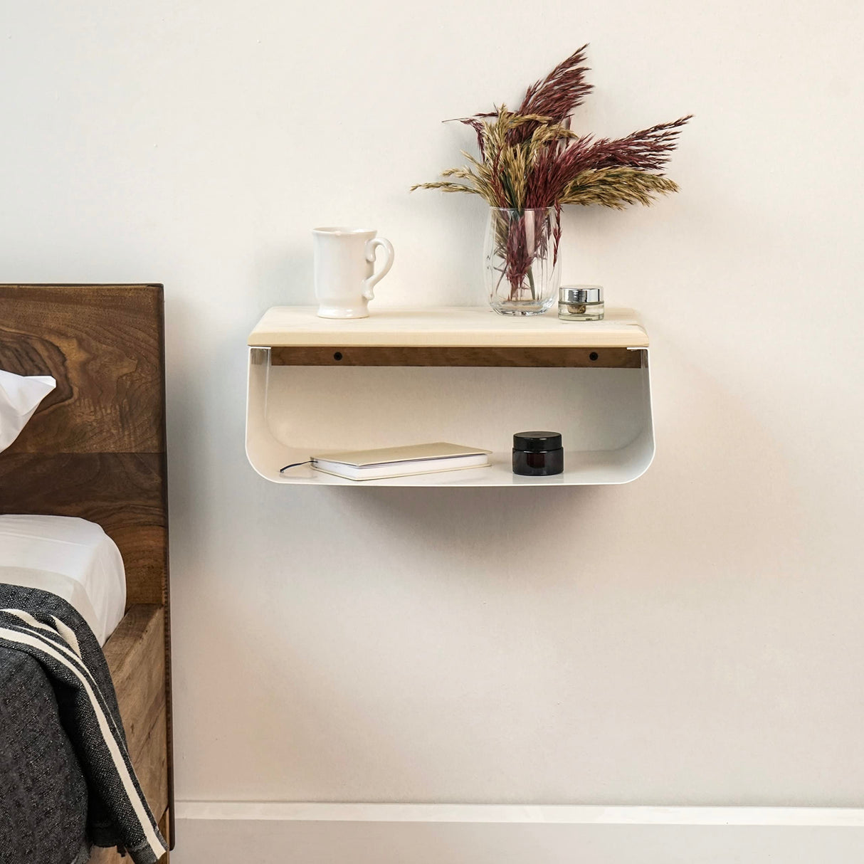 Floating Nightstand with Spruce Top | Modern Bedroom Decor | Minimalist Wall-Mounted Bedside Nightstand| Wall Mounted Shelf | Cloudy Oasis: Serene White Ultimate Premium Products