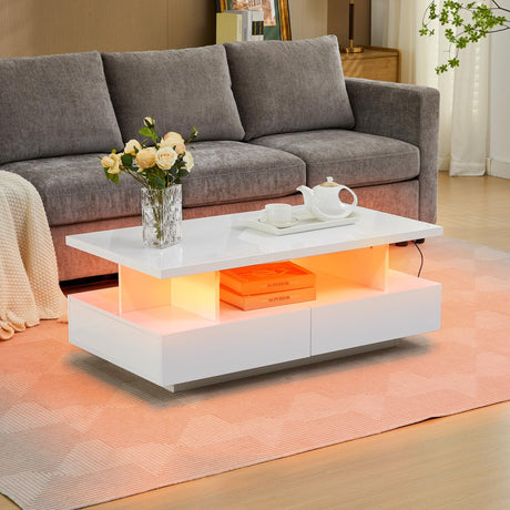 Tltaroni LED Coffee Table, Modern High Glossy Coffee Table with 4 Drawers and Open Display Shelf Wood Rectangle Center Tables with Storage for Living Room, White Tltaroni