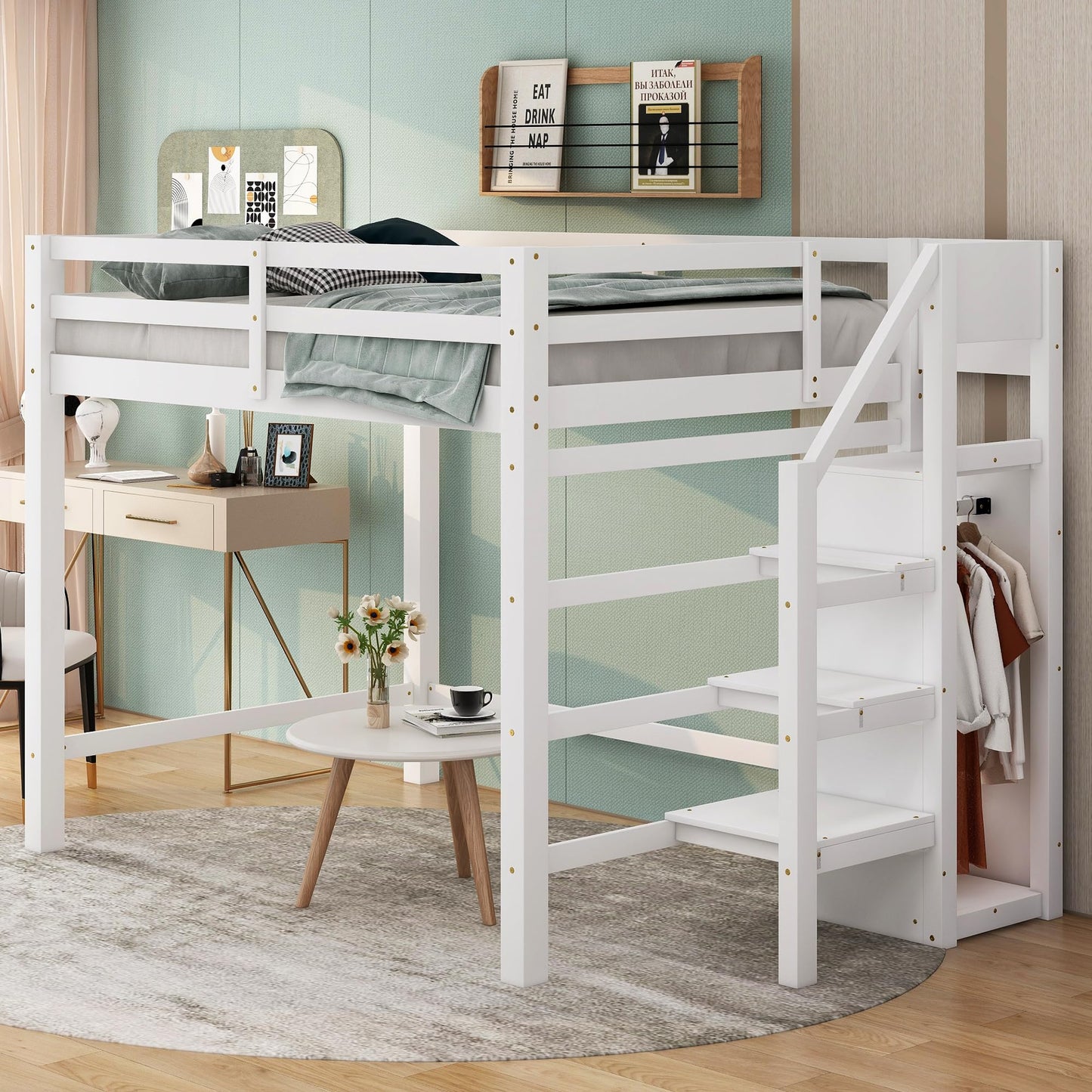 Harper & Bright Designs White Full Loft Bed with Storage Staircase and Wardrobe for Kids - WoodArtSupply