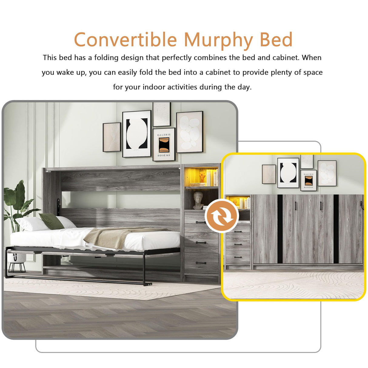 Twin Horizontal Murphy Bed with Storage & LED Lighting,Wood Space-Saving Hideaway Folding Farmhouse Murphy Wall Bed Cabinet for Adults (Grey,Twin w/Storage) MERITLINE