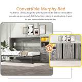 Twin Horizontal Murphy Bed with Storage & LED Lighting,Wood Space-Saving Hideaway Folding Farmhouse Murphy Wall Bed Cabinet for Adults (Grey,Twin w/Storage) MERITLINE