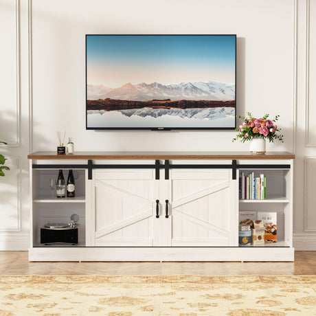 Trumbeak Farmhouse TV Stand for Televisions up to 75 Inchs,Entertainment Center with Sliding Barn Doors and Storage Cabinets,Modern Media TV Console Table for Living Room,Bright White Trumbeak