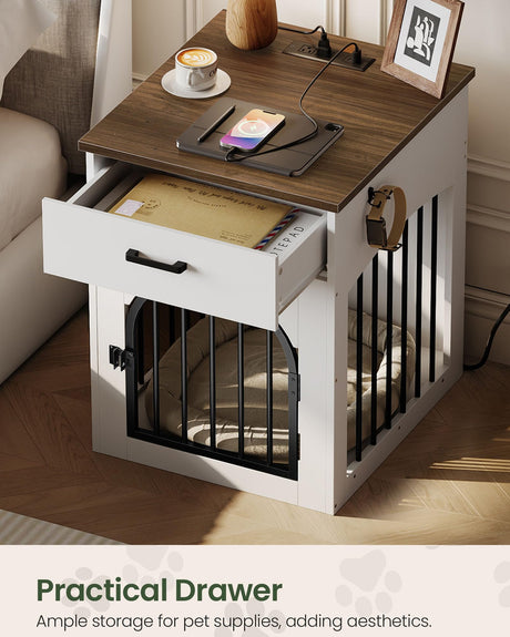 CHOEZON Dog Crate Furniture, Wooden Dog House with Charging Station and Storage Drawer, Indoor Pet Crate End Table for Small Breeds, for Living Room, Bedroom, White and Walnut MGW01UWL CHOEZON