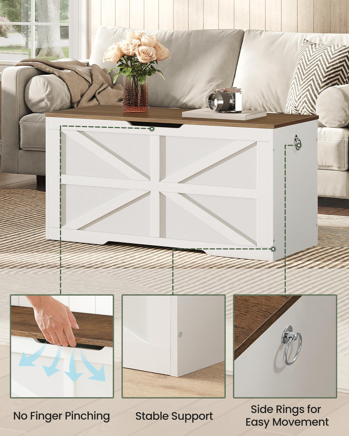 CHOEZON Storage Chest, 39.4" Wooden Storage Trunk, Modern Storage Bench with Safety Hinge, Toy Chest Storage, Farmhouse Style, for Bedroom, Living Room, Walnut and White MCW10WL CHOEZON