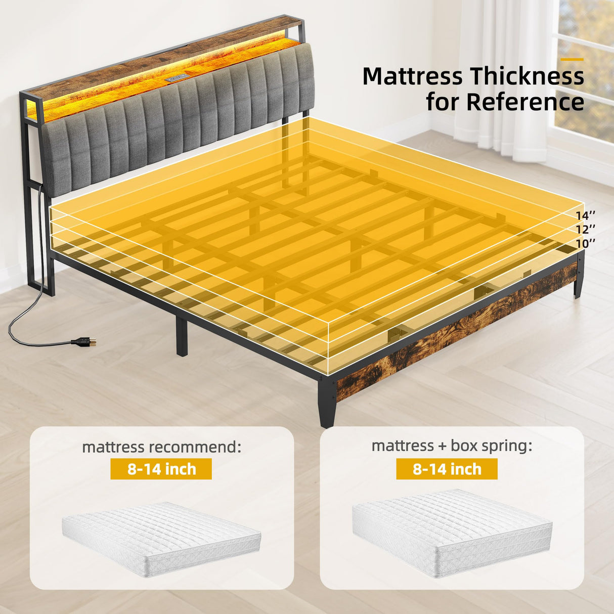 DWVO King Size Bed Frame with Charging Station, 2-Tier Storage Headboard with RGB LED Lights, Linen Upholstered Platform Bed Strong Wooden Slats, No Box Spring Needed Noise Free, Rustic Brown DWVO