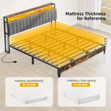 DWVO King Size Bed Frame with Charging Station, 2-Tier Storage Headboard with RGB LED Lights, Linen Upholstered Platform Bed Strong Wooden Slats, No Box Spring Needed Noise Free, Rustic Brown DWVO