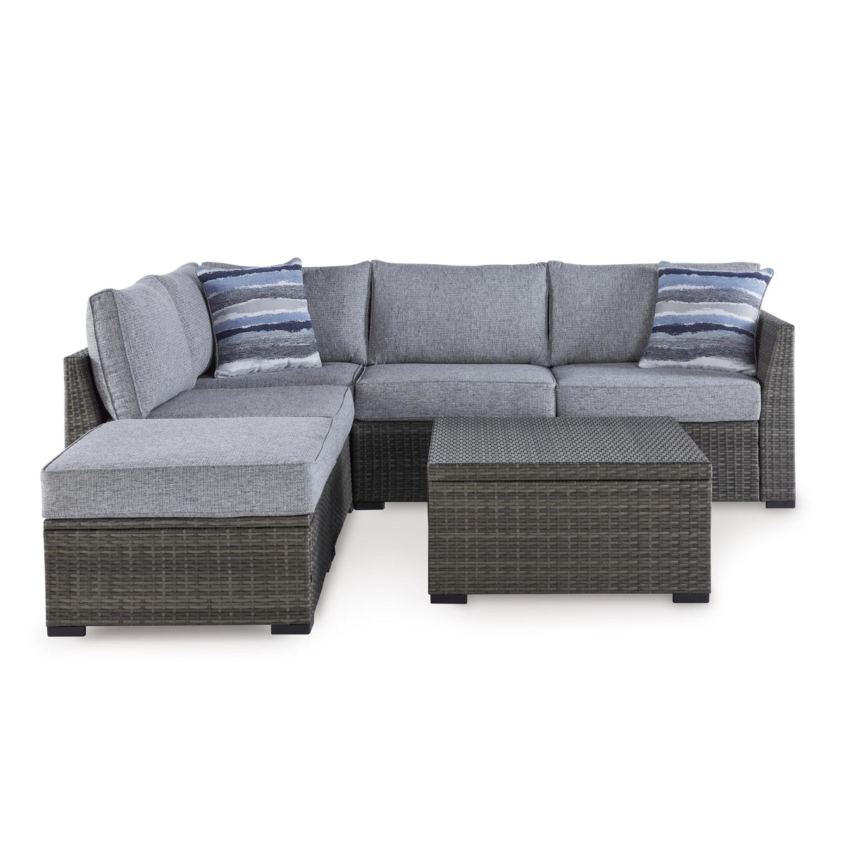 Signature Design by Ashley Petal Road Casual Weather Resistant Cushioned Outdoor Loveseat Sectional/Ottoman/Table Set with 2 Throw Pillows, Set of 4, Gray Signature Design by Ashley