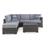 Signature Design by Ashley Petal Road Casual Weather Resistant Cushioned Outdoor Loveseat Sectional/Ottoman/Table Set with 2 Throw Pillows, Set of 4, Gray Signature Design by Ashley