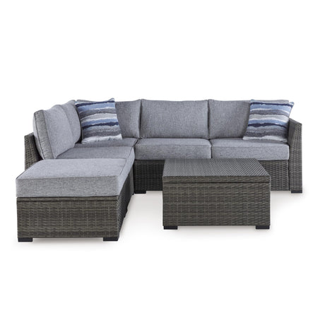 Signature Design by Ashley Petal Road Casual Weather Resistant Cushioned Outdoor Loveseat Sectional/Ottoman/Table Set with 2 Throw Pillows, Set of 4, Gray Signature Design by Ashley