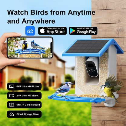Smart Bird Feeder with Camera - Solar Powered Wireless Video Bird Cam Live 4MP 2.5K Full HD Two-Way Audio APP Control Instant Notification AI