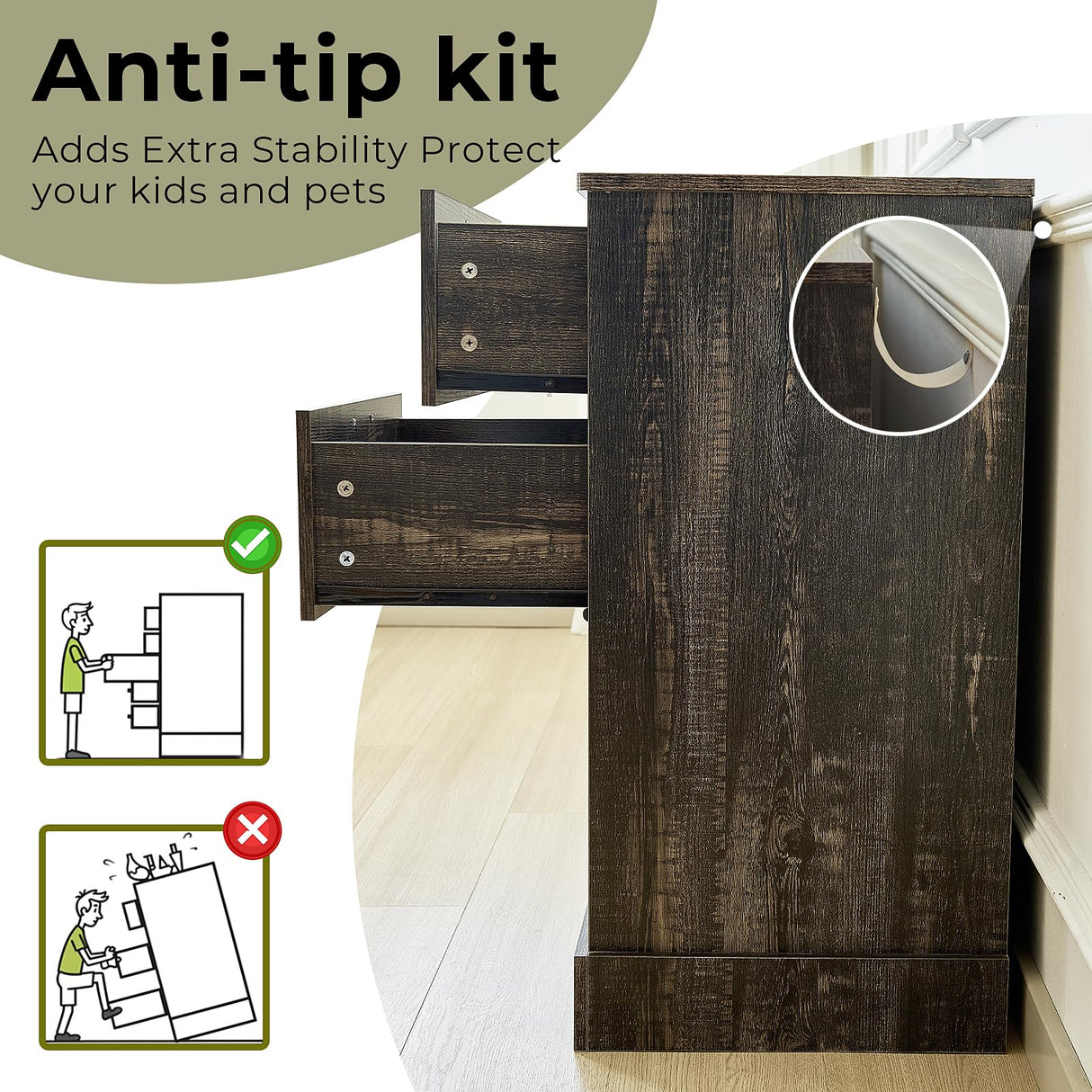 JanflyHome Wood Rustic Chest of Drawers, 63" Wide Vintage 7 Dresser with Outlet and Lights, Farmhouse Drawers Dresser with 4 Drawers & 3 Cabinets for Living Room, Dark Rustic Oak JanflyHome