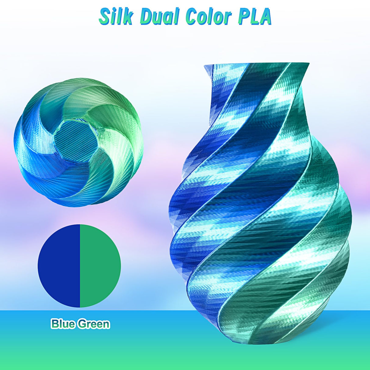 ERYONE Silk Dual Color PLA Filament 3D Printer 1.75mm +/- 0.03mm, Bicolor Filament Two Tone PLA Bundle 2KG Cardboard Spool, Blue Green ERYONE