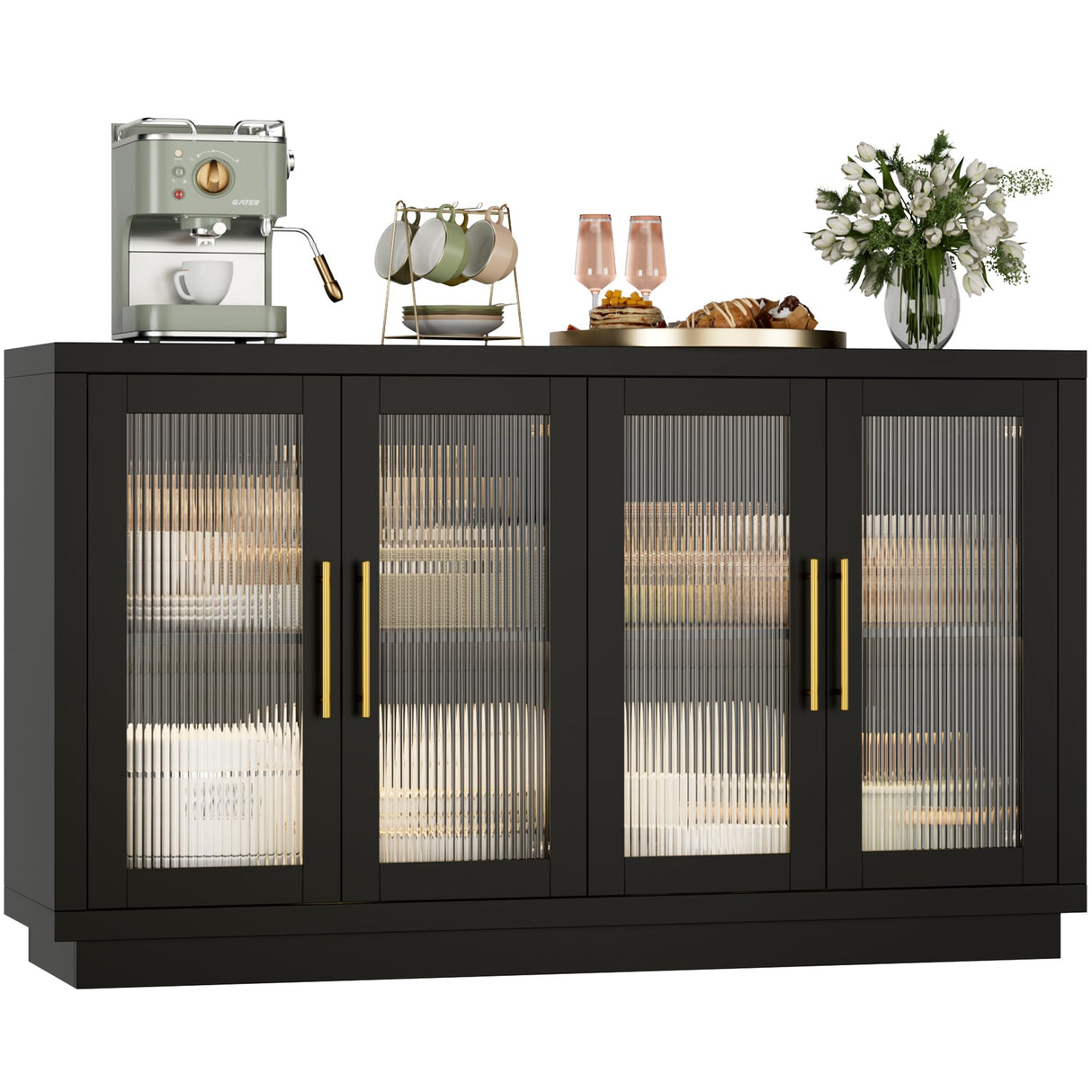 FOTOSOK Buffet Cabinet with Storage, 55.1" Large Sideboard Buffet Cabinet, Modern Sideboard Kitchen Cabinet with 4 Fluted Glass Doors, Wood Coffee Bar Cabinet Buffet Table for Kitchen, Black FOTOSOK