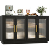 FOTOSOK Buffet Cabinet with Storage, 55.1" Large Sideboard Buffet Cabinet, Modern Sideboard Kitchen Cabinet with 4 Fluted Glass Doors, Wood Coffee Bar Cabinet Buffet Table for Kitchen, Black FOTOSOK