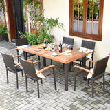 Tangkula 7-Piece Wicker Patio Dining Set, Patiojoy Outdoor Rattan Garden Yard Furniture Set, Acacia Wood Tabletop Dining Table with Umbrella Hole & 6 Stackable Rattan Chairs Set Tangkula
