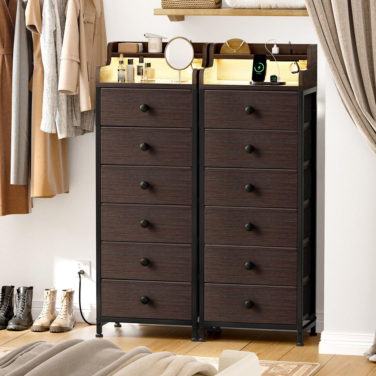 REAHOME Dresser for Bedroom with Charging Station and LED Lights, 6 Drawers Dresser Brown Chest of Drawers with Shelves, Tall Night Stand with Sturdy Steel Frame & Wood Top for Bedroom - Dark Brown REAHOME
