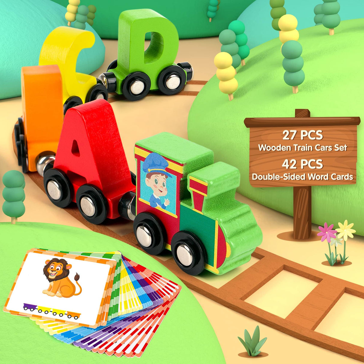 Vanmor 27 PCS Magnetic Wooden Alphabet Train Sets | ABC Letter Learning Toy Trains with 42 PCS Flash Cards, 1 Engine, 1 Storage Bag | Toddlers Kids Boys Girls Educational Toys for 3 4 5 6 7 Years Old Vanmor