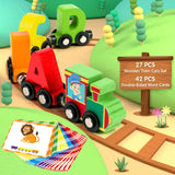 Vanmor 27 PCS Magnetic Wooden Alphabet Train Sets | ABC Letter Learning Toy Trains with 42 PCS Flash Cards, 1 Engine, 1 Storage Bag | Toddlers Kids Boys Girls Educational Toys for 3 4 5 6 7 Years Old Vanmor