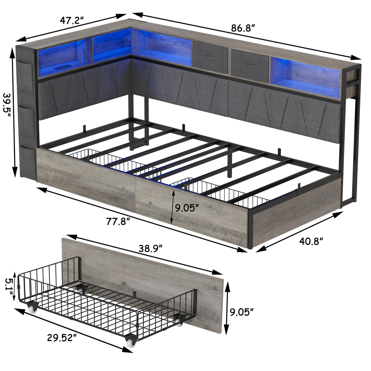 PUNICE Modern Twin XL Corner Bed Frame with Bookcase & LED Lighting - Space-Saving Kids' Platform Bed with Charging Station & 2 Underbed Storage Drawers in Gray (Gray) PUNICE