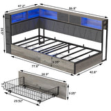 PUNICE Modern Twin XL Corner Bed Frame with Bookcase & LED Lighting - Space-Saving Kids' Platform Bed with Charging Station & 2 Underbed Storage Drawers in Gray (Gray) PUNICE