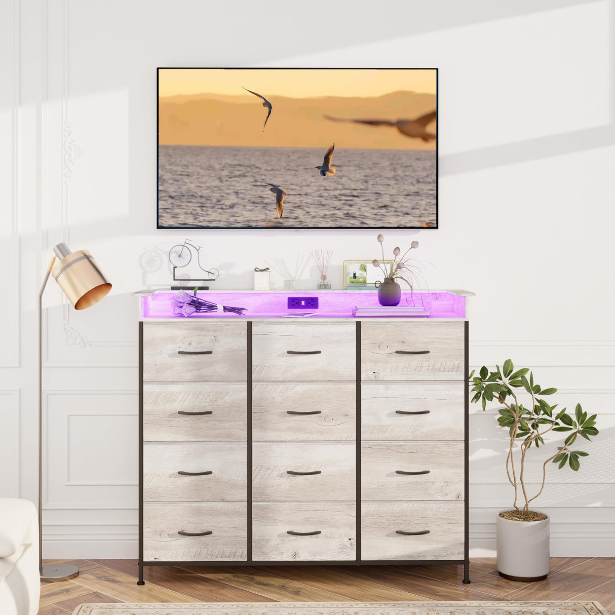 Welfuturer Dresser for Bedroom with 12 Drawers LED Dressers & Chests of Drawers Charging Station Fabric Dresser Storage Organizer Unit for Hallway Entryway Closets Sturdy Steel Frame Wood Top Gray Welfuturer