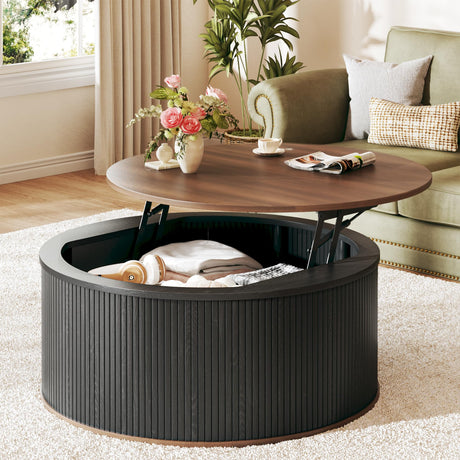 HUAHUU Round Coffee Table with Storage, 31.5" Lift Top Coffee Table, Mid Century Modern Coffee Tables for Living Room, Apartment Office, Fluted Table with Rustic Wood Desktop HUAHUU