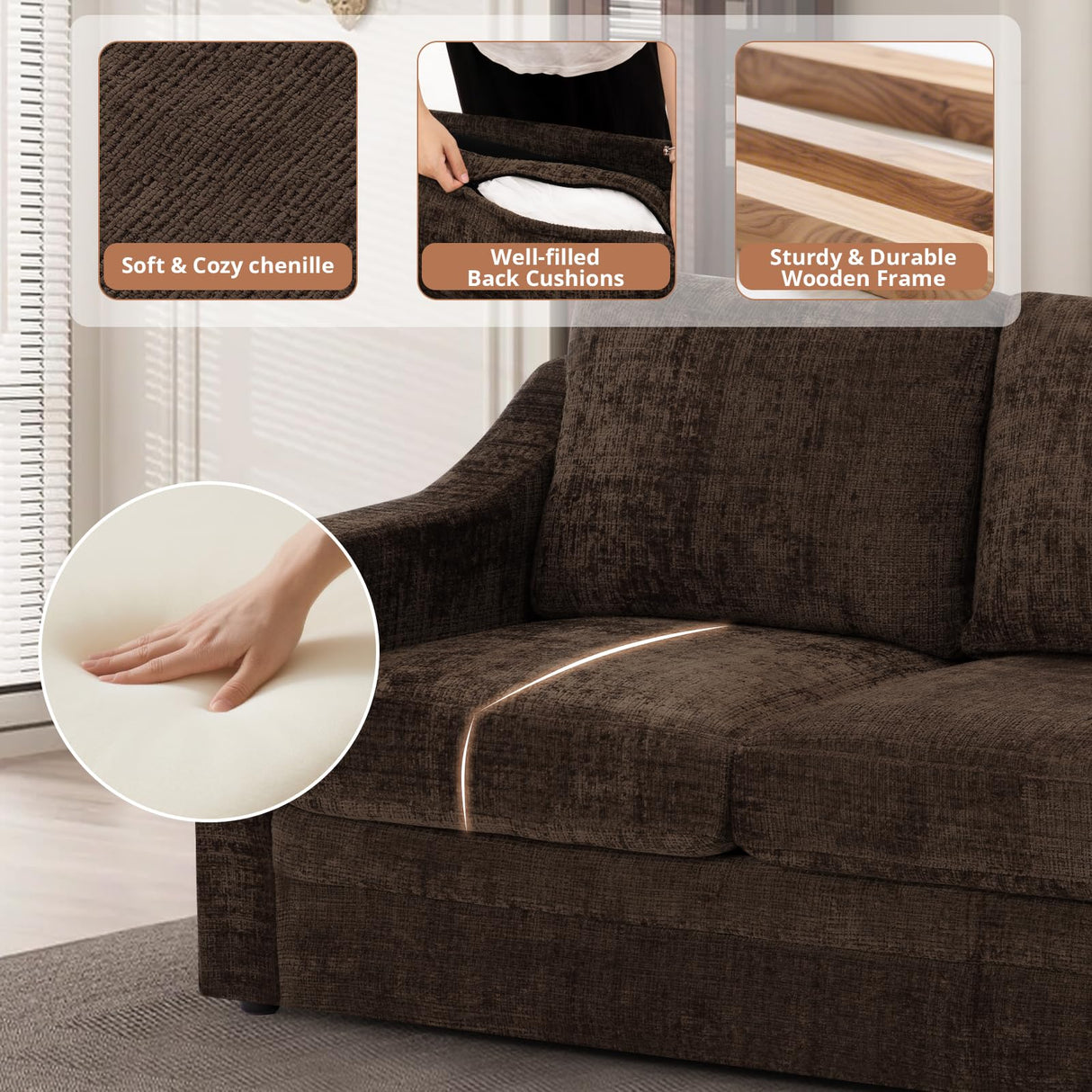 ACMEASE 2 Pieces Chenille Sofa Sets w/Comfortable Back Cushions, Modern Loveseat & Sofa w/Deep Seat Space, Upholstered 2 Seat & 3 Seats Couch Sets w/High Resiliency Foam for Living Room, Office Brown ACMEASE