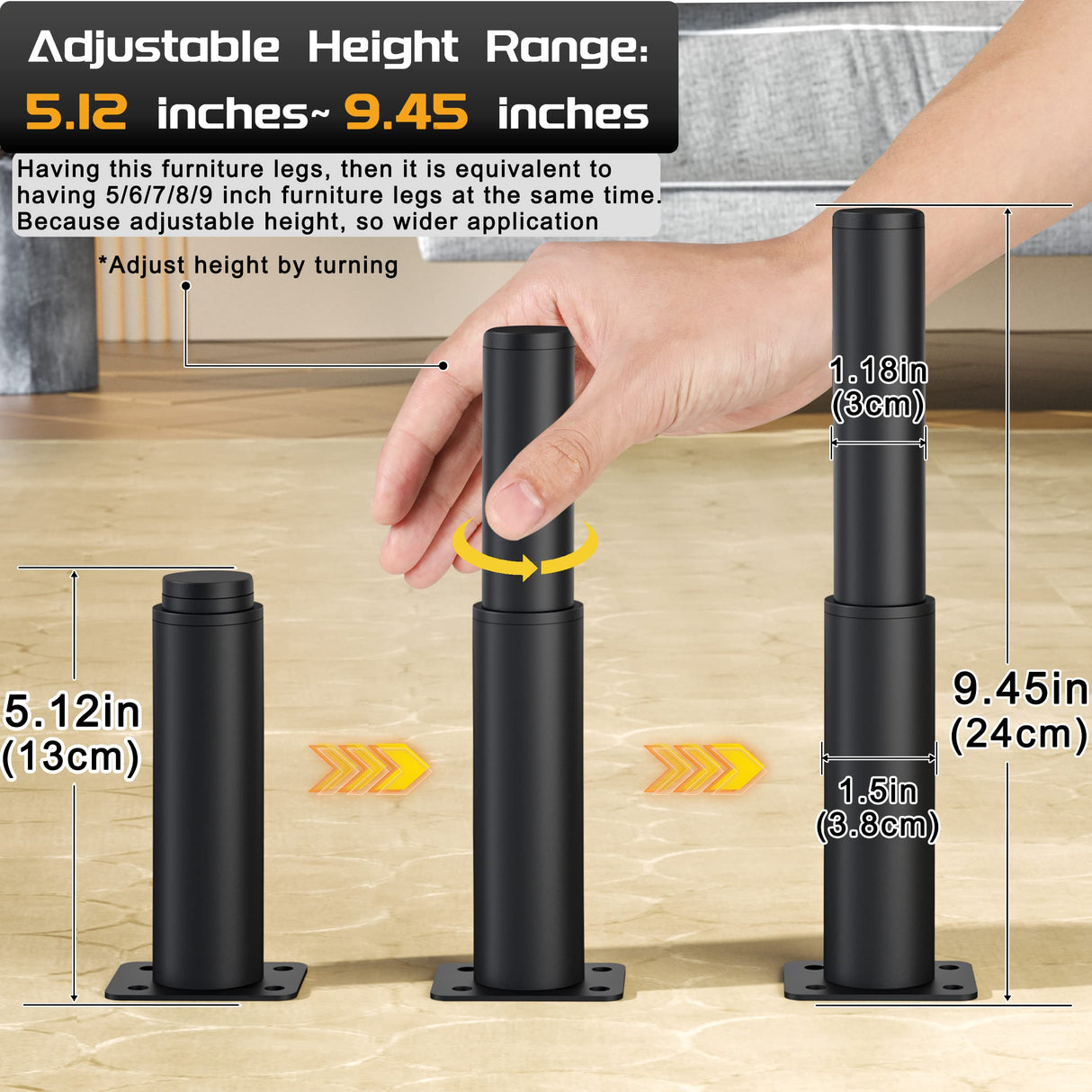 Metal Adjustable Furniture Legs 5.12-9.45 inch, Wlrrcwdttc Sofa Legs Cabinet Legs Adjustable Height Replacement Support Legs for Bed/Couch/Dresser/Chair/Coffee Table, Legs for Furniture Set of 4-Black Wlrrcwdttc