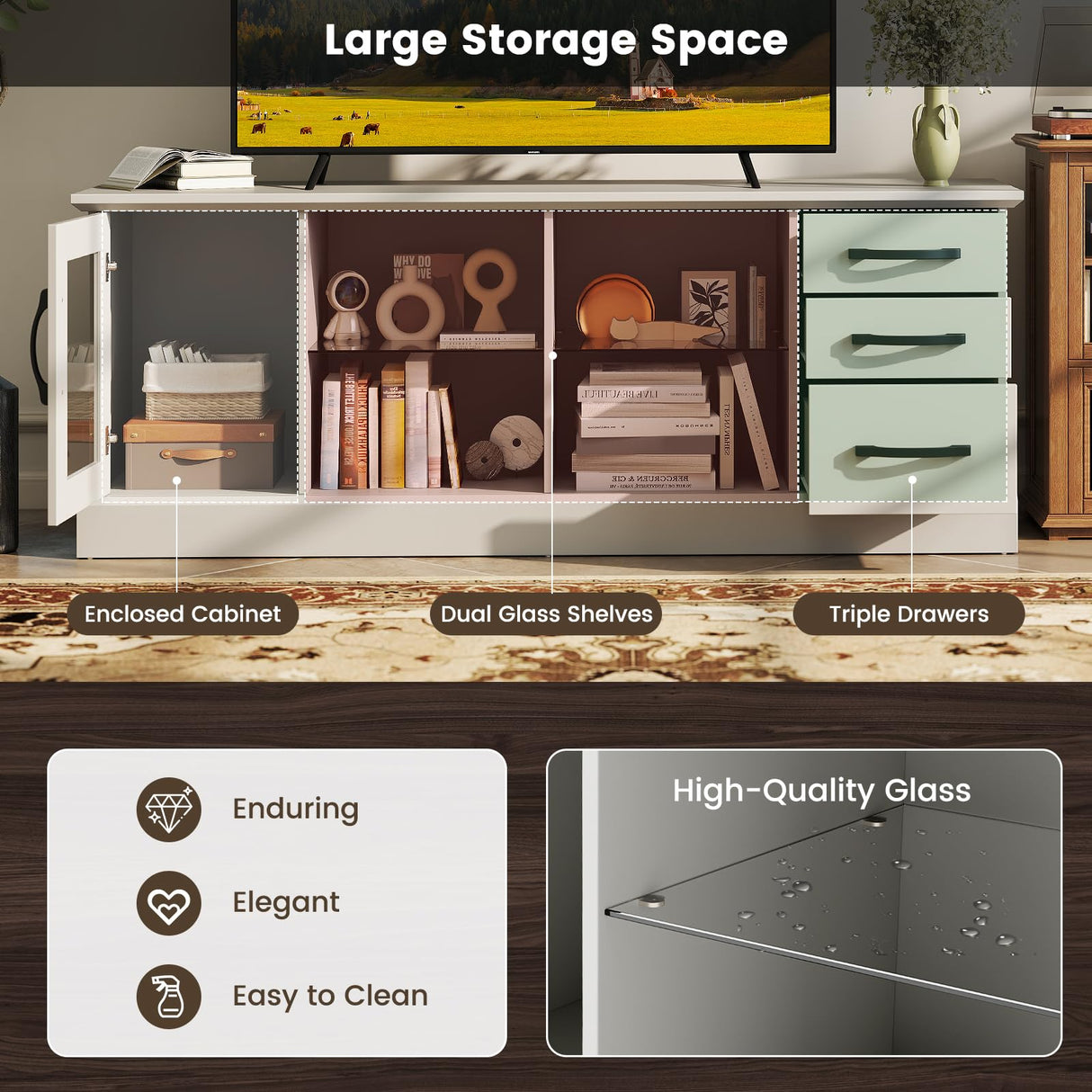 Tangkula Farmhouse TV Stand for 75 Inch TVs, 63” Media Console Table with 3 Drawers, 2 Glass Shelves & Cable Holes, Modern Wooden Entertainment Center for Living Room, Bedroom (Gray) Tangkula