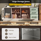 Tangkula Farmhouse TV Stand for 75 Inch TVs, 63” Media Console Table with 3 Drawers, 2 Glass Shelves & Cable Holes, Modern Wooden Entertainment Center for Living Room, Bedroom (Gray) Tangkula