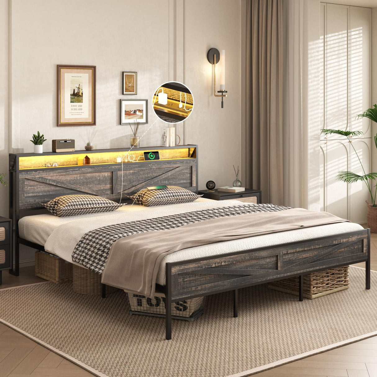Bed Frame King Size with Charging Station, Platform Metal Bed with Headboard & Led Light, Farmhouse Storage Bed for Bedroom, No Box Spring Needed Halitaa