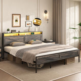 Bed Frame King Size with Charging Station, Platform Metal Bed with Headboard & Led Light, Farmhouse Storage Bed for Bedroom, No Box Spring Needed Halitaa