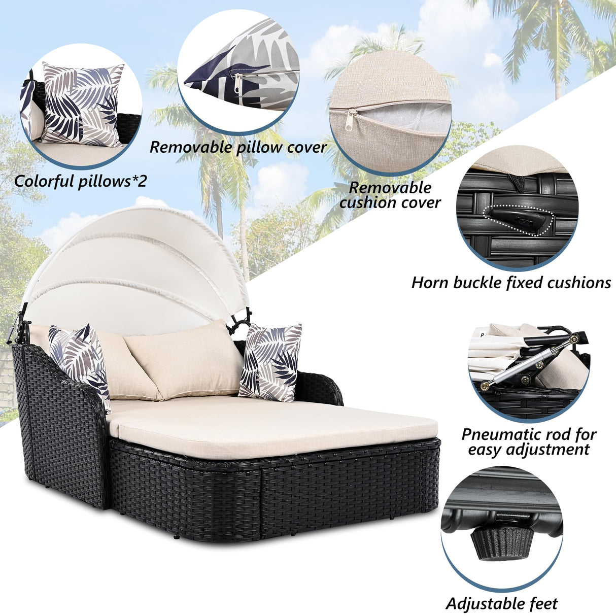 Merax Outdoor Patio Rattan Daybed Sunbed with Adjustable Canopy, Double Lounge Sun Bed with Cushion for Pool/Backyard/Porch, Beige+ Black Merax