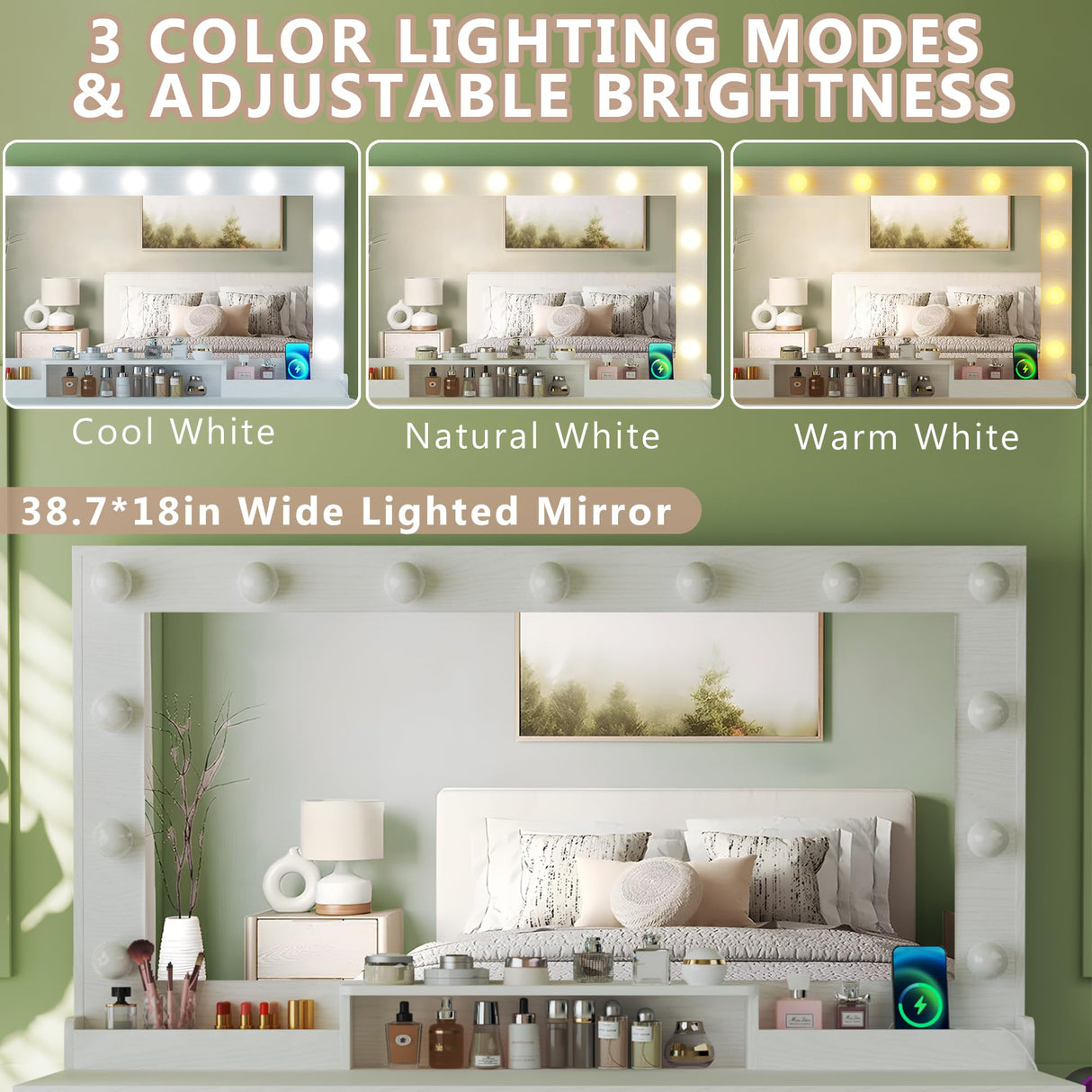 HUAHUU Makeup Vanity Desk with Lights, Vanity Desk with Large Mirror, White Vanity with 6 Large Drawers & 1 Cabinet & Power Outlet, 3 Lighting Color Adjustable, Bedroom HUAHUU