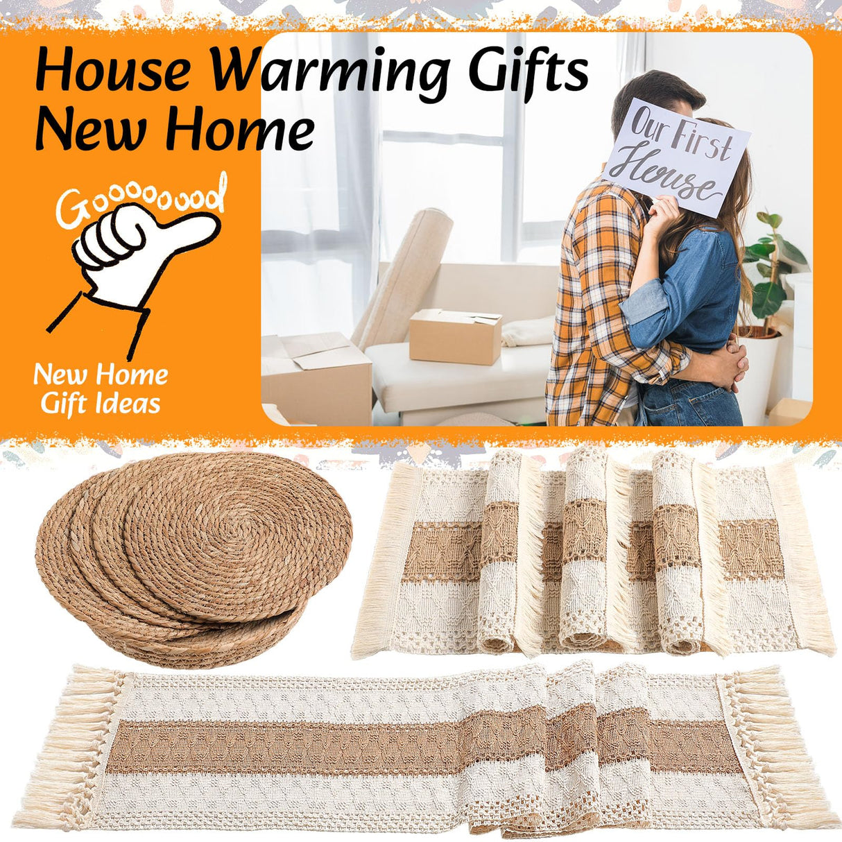 Gandeer Boho Placemats 4/6 Set of Round Woven Placemats Macrame Style Bicolor Stitching Long Table Runner Farmhouse Rustic Natural Burlap Cotton for Kitchen Dining Table Home(Brown,4 Sets) Gandeer