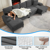 Mjkone 112" Width 4 Seater Sectional Sofa Couches for Living Room, U Shaped Sofa Couch with Double Chaises, Corduroy Living Room Sets Furniture with 2 Extra Pillows for Home Office, Dark Grey Mjkone