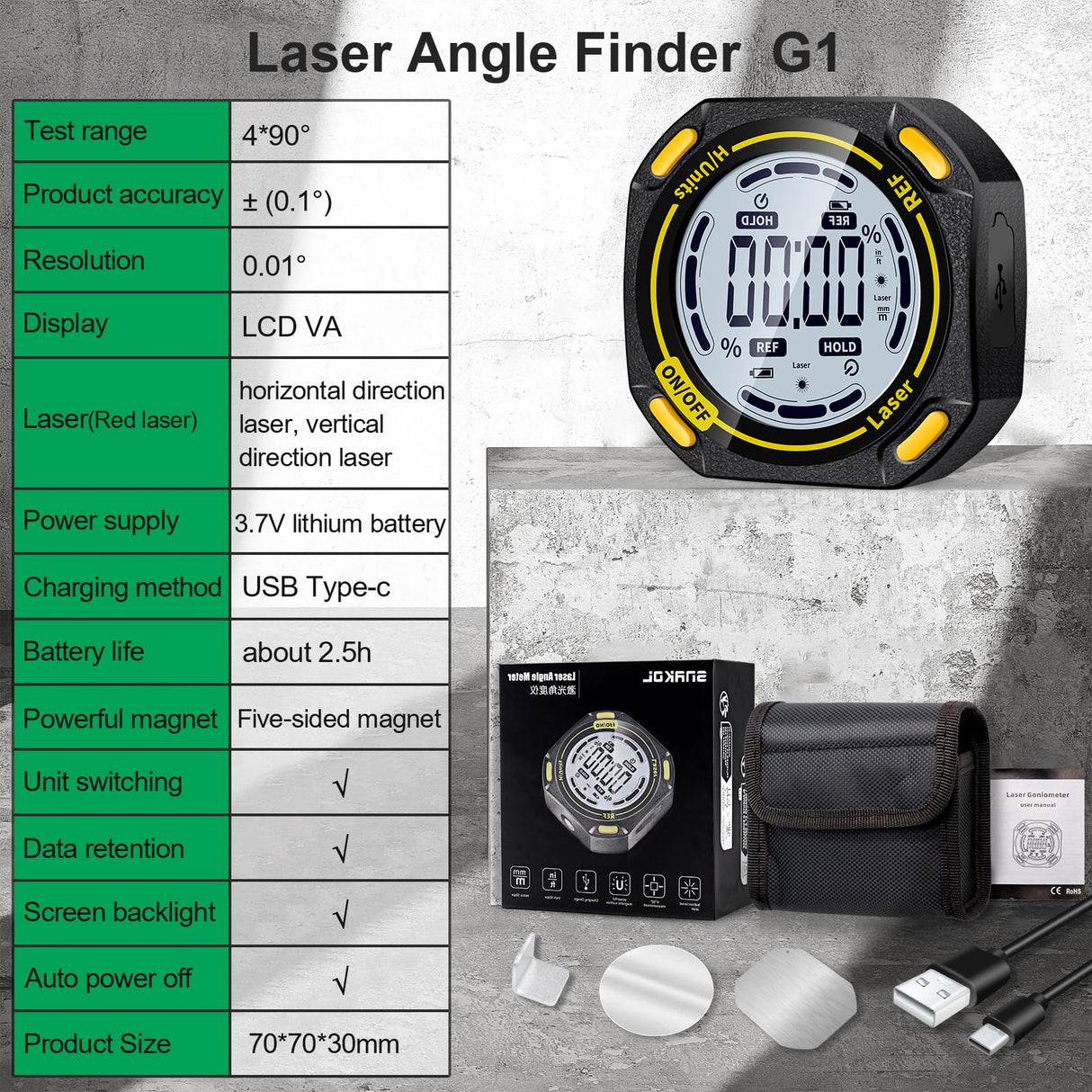 SNAKOL Digital Angle Finder Protractor Inclinometer Level Angle Gauge Angle Cube Level Box with 5-Sided Magnes and Backlight, Measuring Tool for Construction,Machinery and Woodworking SNAKOL
