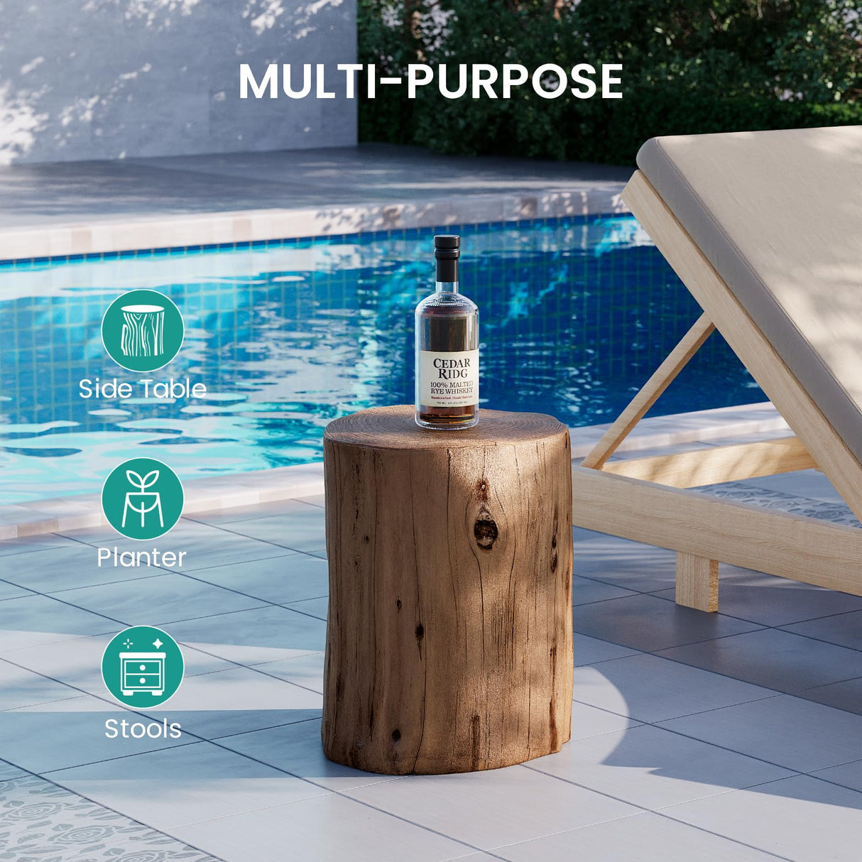 SUNBURY Outdoor Stump Side Table, Faux Wooden Concrete Side Table, Tree Stump Wooden Stool, Patio End Table, Round Outdoor Accent Drum Table, Light Brown Ottoman or Plant Stand SUNBURY
