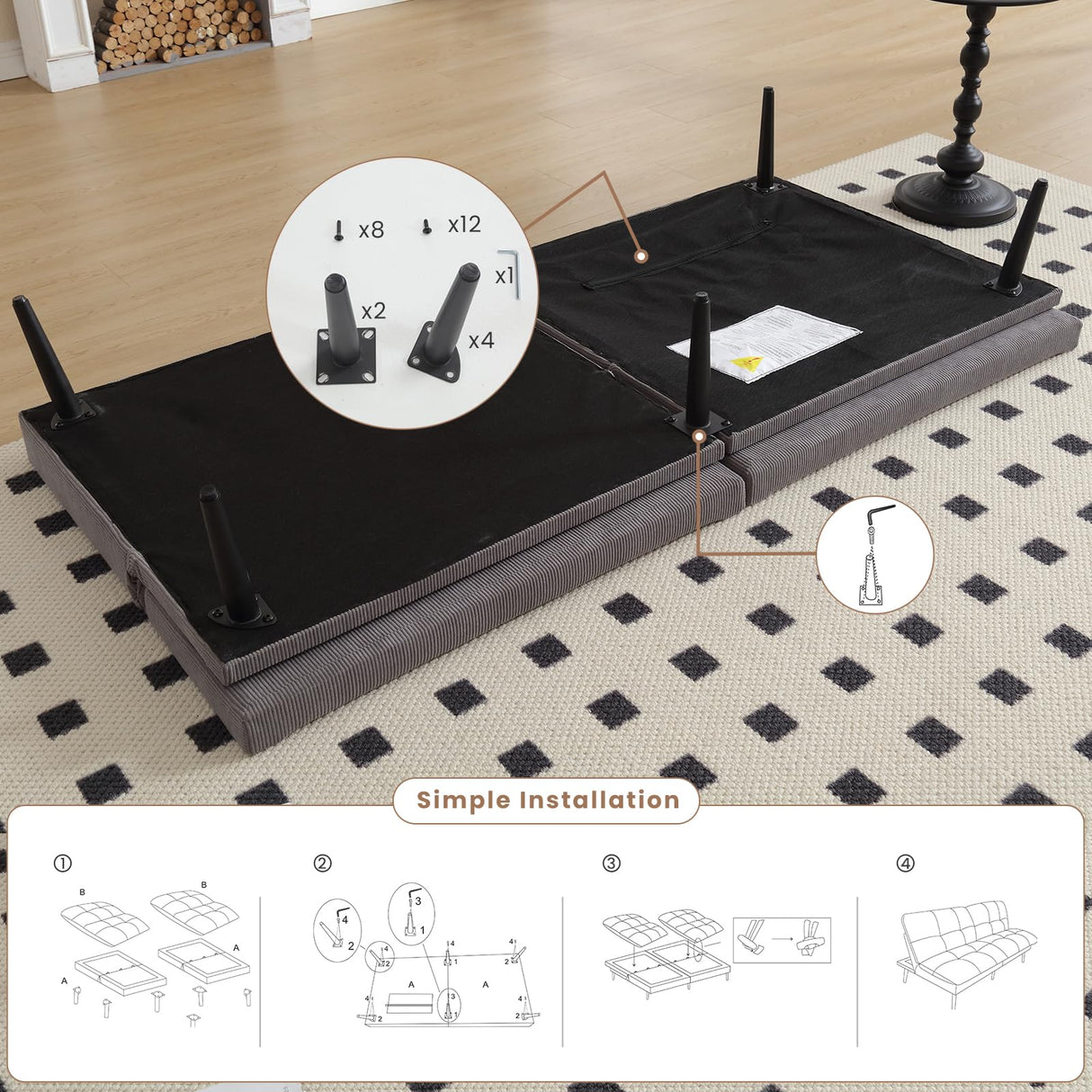 ASAHREE 72'' Corduroy Futon Convertible Sofa Couch,Comfy Sleeper Sofa Bed with Adjustable Backrest, Modern Futon Loveseat for Living Room, Bedroom, Office, Apartment, Dorm, Grey ASAHREE