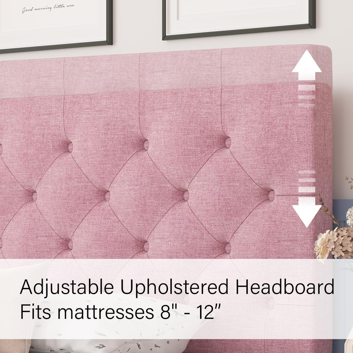 HOMBCK Full Bed Frame with Headboard, Linen Fabric Upholstered Bed Frame Full, Pink Bed Frame with Wood Slats, Button Tufted, No Box Spring Needed, Pink HOMBCK