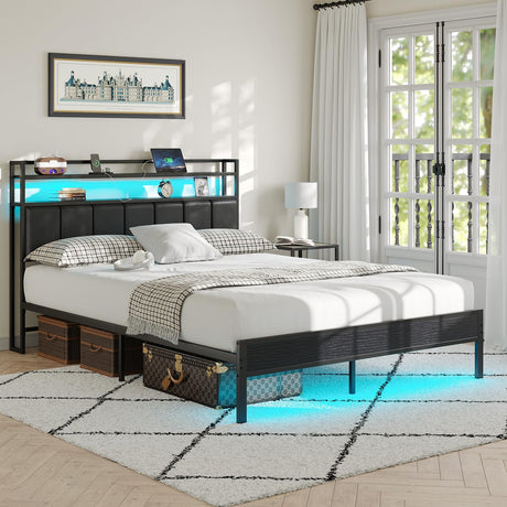 CollaredEagle Full Size Bed Frame with Headboard, Metal Bed Frame with Charging Station and LED Lights, Heavy Duty Bed with Storage Shelves,Noise Free(Black) CollaredEagle