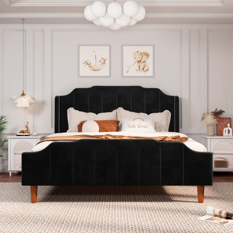 Allewie Queen Size Velvet Bed Frame Upholstered Platform Bed with Vertical Headboard and Footboard, Solid Wood Leg and Strong Slats Support, No Box Spring Needed, Easy Assembly, Black Allewie