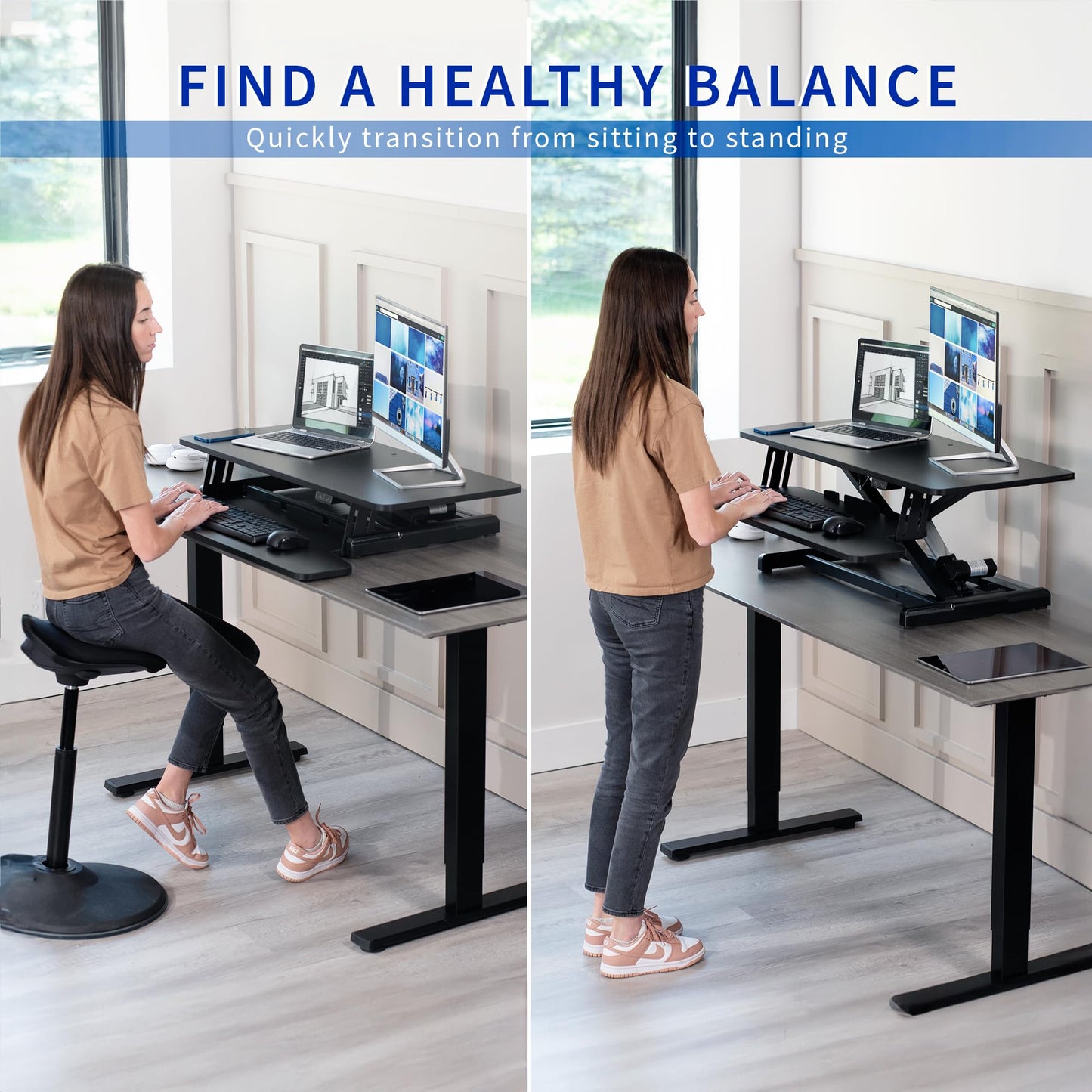 VIVO 36 inch Electric Motor Desk Converter, Height Adjustable Riser, Sit to Stand Dual Monitor and Laptop Workstation with Wide Keyboard Tray, Black, DESK-VE36B - WoodArtSupply