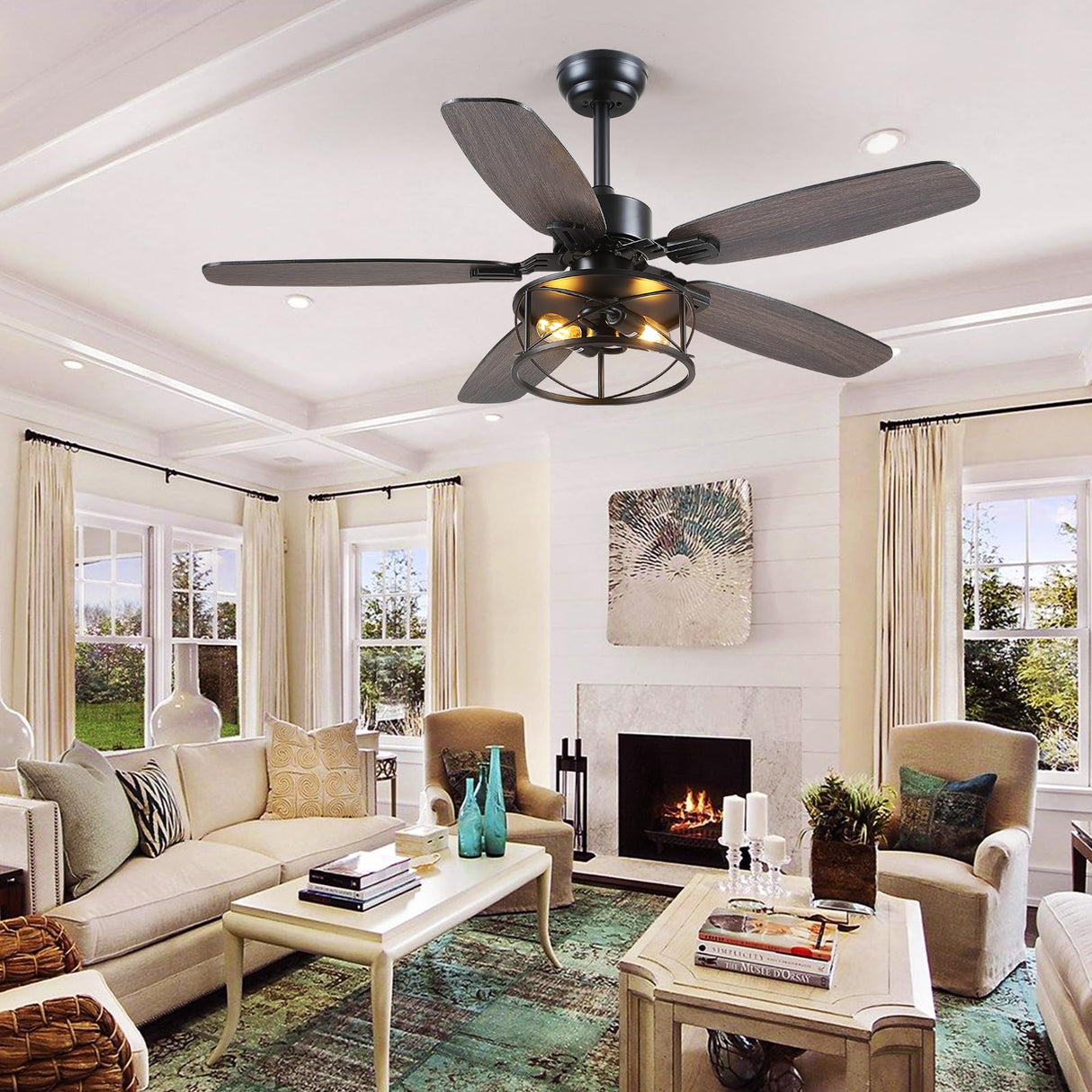 Dannilong Farmhouse Ceiling Fan with Light and Remote 52" Rustic Flush Mount Ceiling Fans 5 Dual Finish Blades Carnegie Industrial Fandelier for Living room Bedroom Patio E26 Dannilong