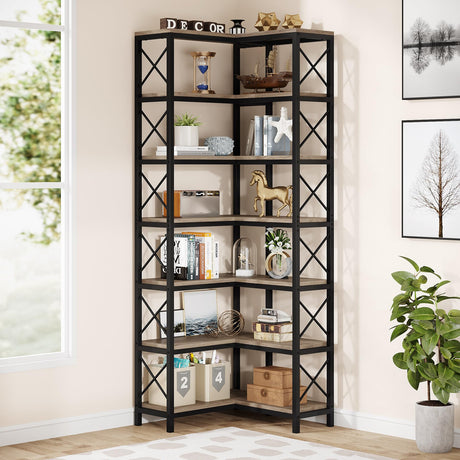 Tribesigns 7-Shelf Corner Bookshelf,Large Modern Corner Bookcase, 7-Tier Tall Corner Shelf Storage Display Rack with Metal Frame for Living Room Home Office (Grey) Tribesigns
