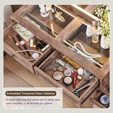 Aitjunz Farmhouse Vanity Desk with Touch Screen LED Mirror, 47" Big Make Up Table with 6 Drawers, Glass Top, Charging Station, Rustic Wood Dressing Table w/3 Color Available, Light Brown Aitjunz